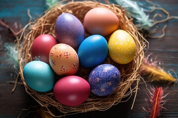 Basket With Decorated easter Eggs. ai generated