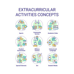 Collection of 2D editable colorful thin line icons representing extracurricular activities, isolated simple vector, linear illustration.