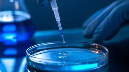 scientist working in laboratory holding a petri dish with a blue liquid, and a pipette is being used to drop more of the liquid into the dish.