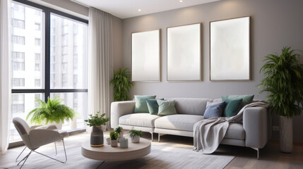modern living room with minimal three empty photo frames