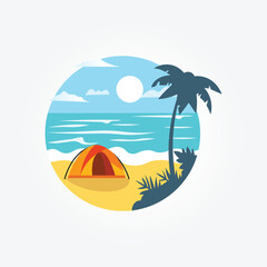 Fototapeta na wymiar Tourist tent camping on tropical beach, coconut trees. Summer vacation coastline beach