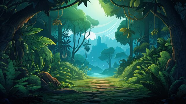 digital art of jungle with path way in center of background