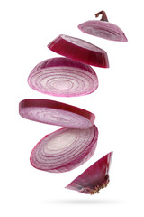 Cut onion bulb in air on white background
