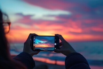 Hand-held photo of a sunset on a smartphone