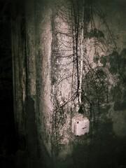 Grungy shot of roots growing on basement walls - 712235377