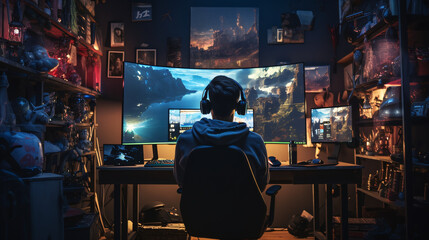 Gaming Paradise: Teenage Boy Immersed in Video Games in His Ultimate Gaming Haven