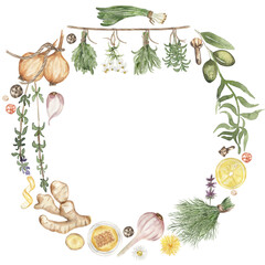 Watercolor spices and herbs wreath illustration. Healthy floral, hand drawn spices, root ginger, onion, garlic, paper clipart