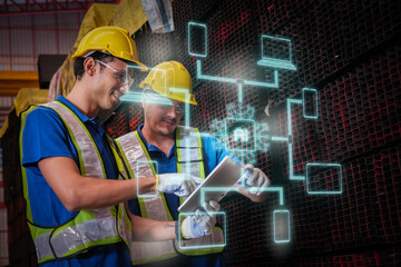 Team of  Engineers Use Tablet with visualize screen of the data statistic with ai technology in factory.