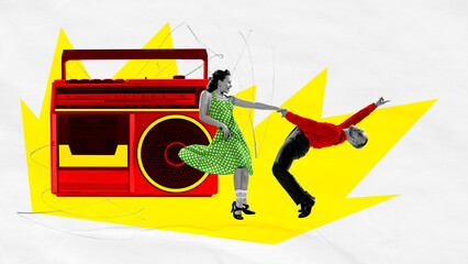 Stylish artistic young man and woman in retro clothes listening to loud music and cheerfully...