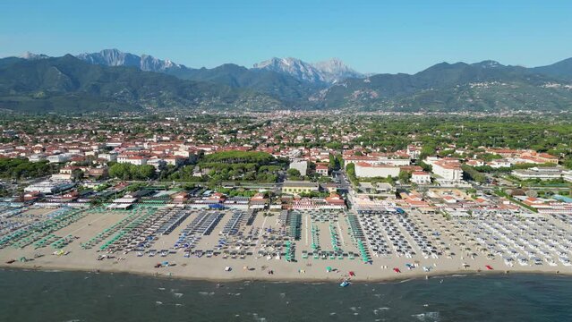Tuscany Beach and Coastline at Summer Vacation in Forte dei Marmi, Italy - Aerial 4k