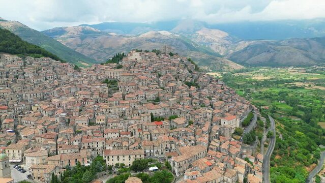 Historical, Medieval and Moorish Town Morano Calabro on a Hilltop in Calabria, Italy - Aerial 4k Circling