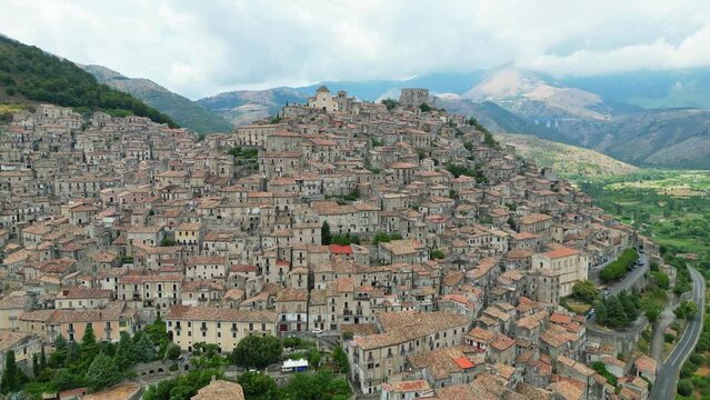 Medieval Baroque Town Morano Calabro on a Hilltop in Calabria, Italy - Aerial 4k