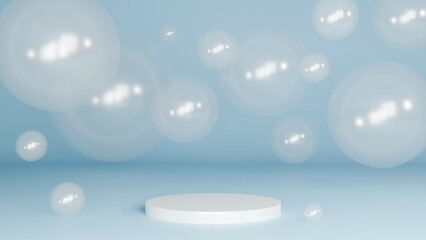 3D Rendering pastel blue background with podium and white water bubbles
