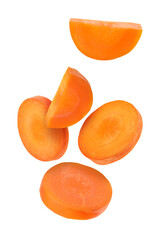 Fresh carrot slices falling on white background