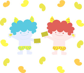 節分の豆を持った青鬼と赤鬼