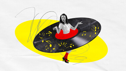 Fototapeta na wymiar Elegant beautiful young woman dancing retro dance into vinyl record player over light background with yellow element. History of rock and roll style. Concept of vintage, performance, art, creativity