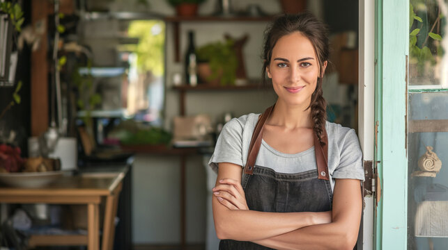 A confident woman stands with her arms crossed in a clean and well-organized kitchen.