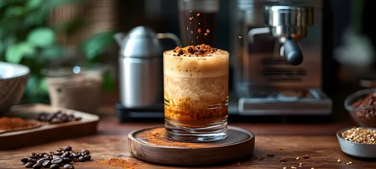 Foto op Plexiglas coffee drink cappuccino with cinnamon on a wooden tabletop © DIVO
