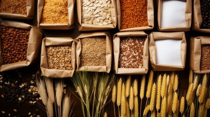 Top view of paper bags with various types of grains, cereals, legumes, flakes with ears of grain crops on a dark background. Agricultural products concepts. - obrazy, fototapety, plakaty