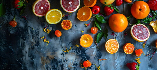 tropical citrus fruits on a gray background