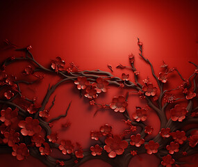 3D red flowers with brach on red background GenerativeAI, chinese style