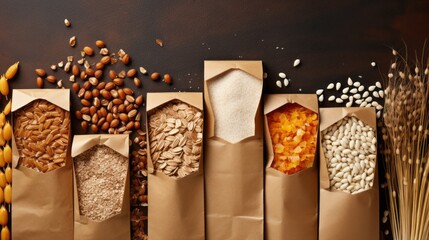 Top view of various types of grain, cereals, legumes, flakes in paper bags with ears of grain on a black background. Agricultural products concepts.