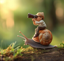 a snail with a child on top, unrealistic,binoculars