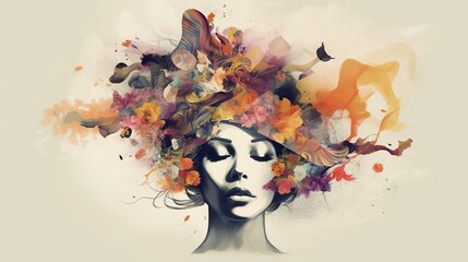 Abstract portrait of a woman with colorful splashes and floral elements representing creativity and imagination.