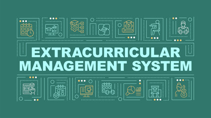 Extracurricular management system text with various simple thin line icons concept on dark green monochromatic background, editable 2D vector illustration.