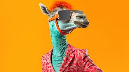Stylish llama wearing sunglasses and a suit against an orange background, quirky and fun concept.