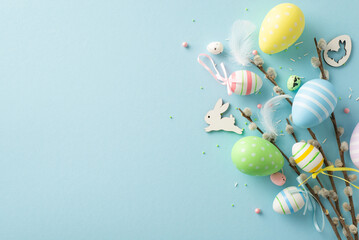 Step into spring with top view capturing essence of Easter—colorful eggs, charming bunny, pussy willow blossoms, sugar sprinkles, pastel blue background, offering ideal canvas for your text or promo