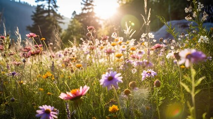 Sunrise over a vibrant wildflower meadow with mountains in the background.