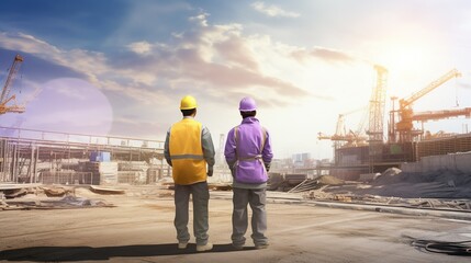 Two construction engineers in hard hats are surveying a bustling building site as the day draws to a close under a warm sunset sky.