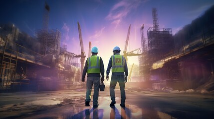 Two workers in reflective vests and safety helmets observe an active construction site, silhouetted against the vibrant dusk sky.