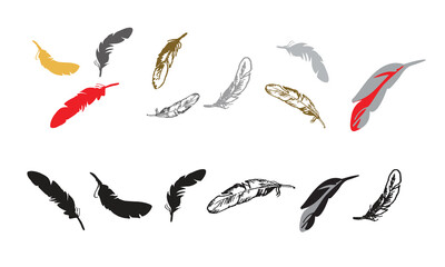 Set of colorful feather in a flat style. Set of bird feather. Pen vector icons. Black quill feather silhouette. Plumelet collection isolated on white background. Feather silhouettes