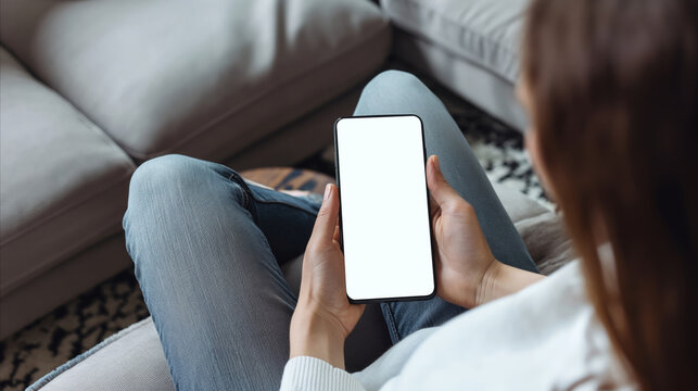 A woman sits on a couch, engrossed in her smart phone.