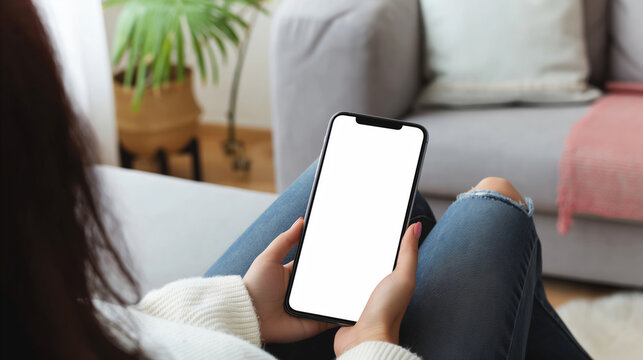 A woman sitting comfortably on a couch while holding a cell phone in her hand.