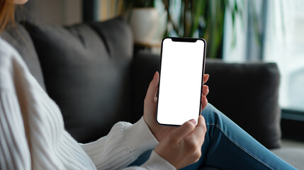 A woman sitting on a couch while holding a cell phone.