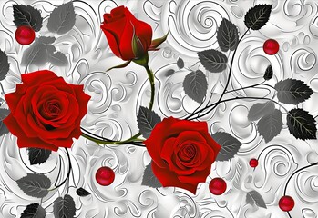 Wallpaper roses with swirls and red dots, in the style of high contrast compositions, realistic yet romantic, glass and ceramics, white and black, precise realism, romantic realism.
