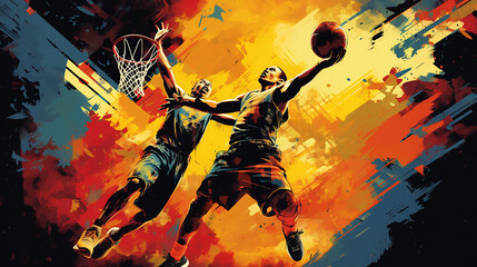 Fototapeta na wymiar A picture of an Intense court moment: one player leaps to score, ball in hand, determination in eyes. Opponent jumps to block, arms extended, creating a dynamic clash in the pursuit of victory.