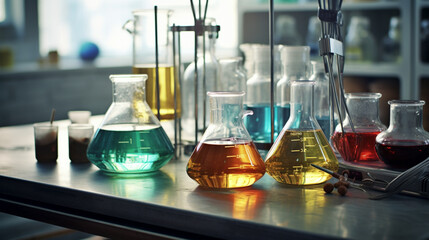 Chemistry beakers, transparent vessels filled with colorful liquids. Precision reigns as scientists measure, mix, and explore the captivating dance of reactions within the scientific workspace.