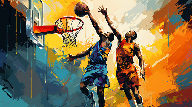 A picture of an Intense court moment: one player leaps to score, ball in hand, determination in eyes. Opponent jumps to block, arms extended, creating a dynamic clash in the pursuit of victory.