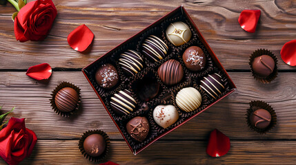 caja de chocolates cuadrada y abierta encima de una mesa de madera con un pétalo rojo de rosa, surtido de bombones de cacao para san Valentín.
