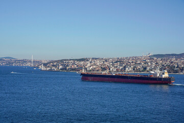 oil tanker ship passing in marmara sea view from topkapi palace istanbul turkey