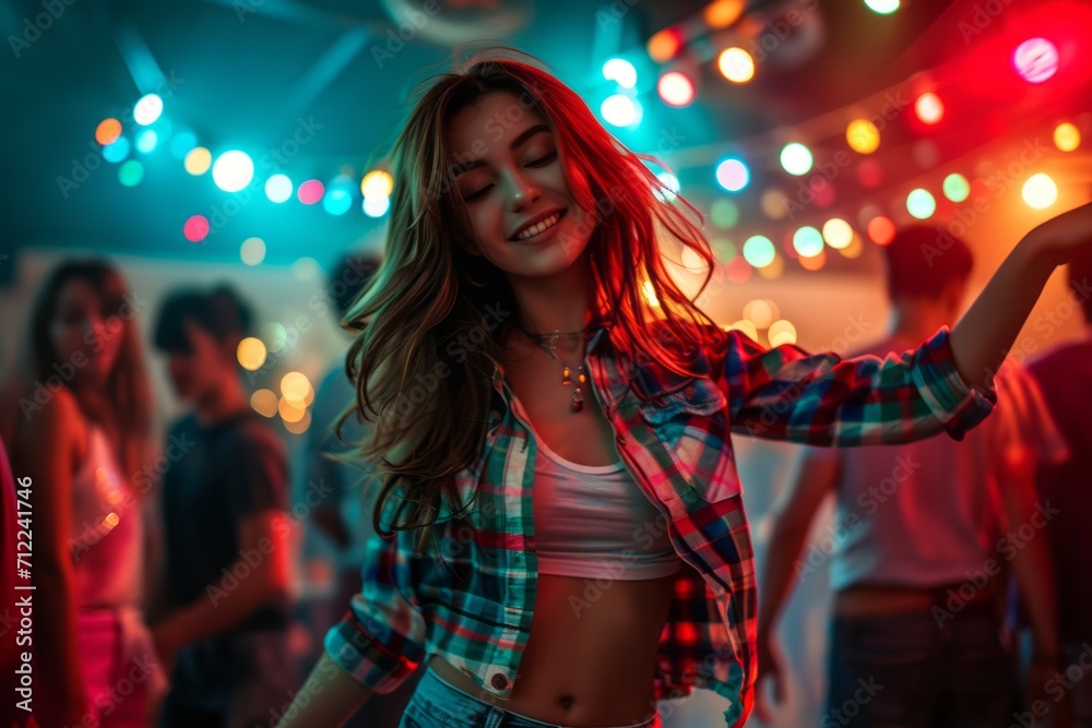 Wall mural Joyful young woman dancing at a vibrant party with colorful lights and a blurred crowd in the background.