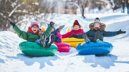 A group of people enjoying a winter day by sitting on inflatables in the snow.