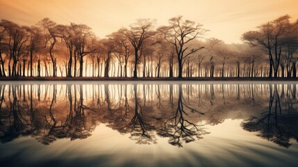 Obraz premium Sunrise Reflection on Calm Lake with Trees