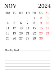 2024 November English calendar with a simple minimalist design in vertical format, good for office desk, business, and personal use