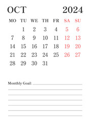 2024 October English calendar with a simple minimalist design in vertical format, good for office desk, business, and personal use