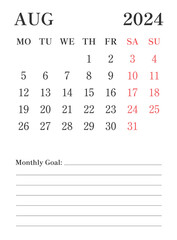 2024 August English calendar with a simple minimalist design in vertical format, good for office desk, business, and personal use